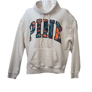 VS PINK Pullover Women's Small Victoria's Secret White, Tropical Logo Cowl Neck